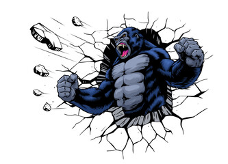 Wall Mural - roaring gorilla ramming through broken wall