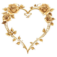 Wall Mural - Golden heart-shaped frame adorned with roses, isolated on a transparent background.  
