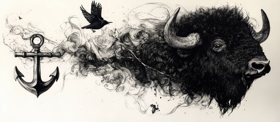 Experience the enchanting blend of ink in our surreal illustration featuring a bison s head merging with an anchor accompanied by a crow that brings a touch of mystique to the scene