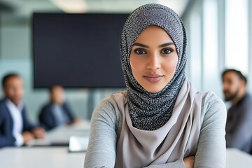 Closeup of a woman wearing a hijab, looking directly at the camera with a neutral expression. She is sitting at a table in a meeting room, with other people in the background.