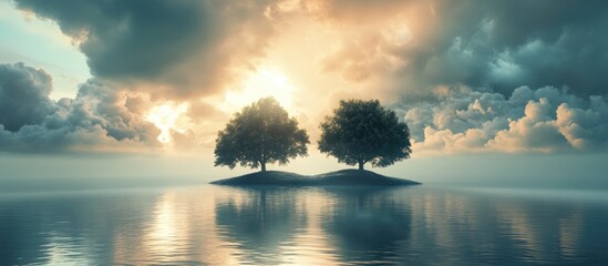 3D illustration depicting a landscape featuring an island with two large trees surrounded by a cloudy atmosphere