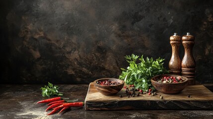 Wall Mural - Rustic spices and herbs on a wooden board with chili peppers