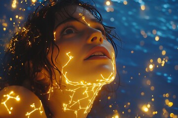 Poster - Woman with glowing neural lines over her face and chest symbolizing transformation energy and the human bodys connection to technology and the mind in a futuristic visual