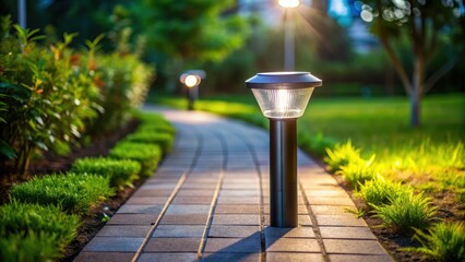 Small solar powered LED light with motion sensor shining on pathway at night , solar, powered, LED, light, motion sensor