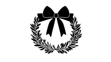 Christmas wreath with ribbon illustration icon for logo, black silhouette of plant, isolated on white background