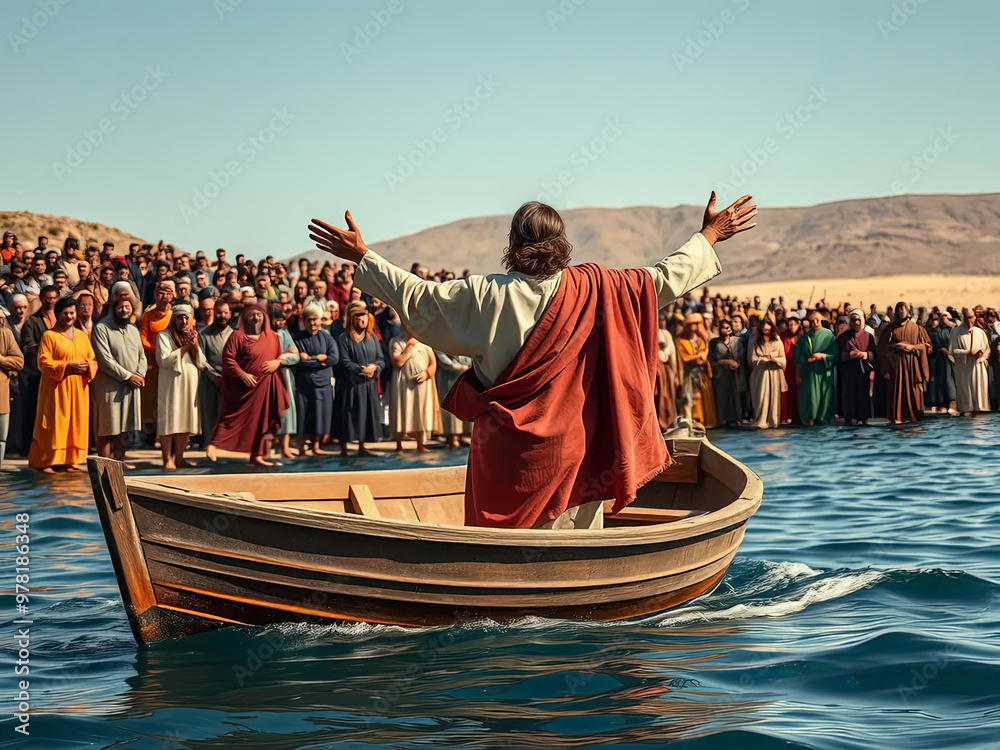 Gospel Images from the Bible NT - Jesus teaches crowd from a boat on ...