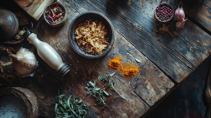 Wall Mural - A rustic wooden table with dried herbs and spices in bowls