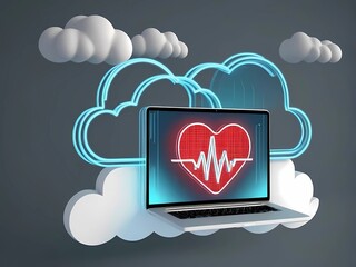 Cloud icon with heartbeat on digital background symbolizes health data security in ehr system on laptop