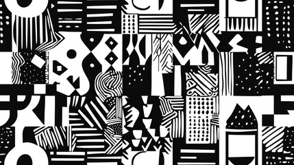 Poster - Seamless black and white geometric pattern featuring a variety of shapes and structures for a repeatable texture or background