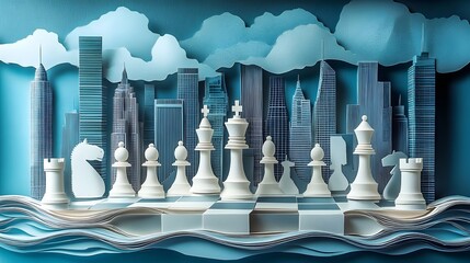 Strategizing for Business Success A Paper Cut Chessboard with Skyscrapers