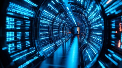 Futuristic digital tunnel with blue lights and data flow