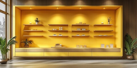 Canvas Print - yellow wooden luxury wall retail display shelf with drawer 