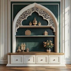 dark green and white modern wooden wall retail display shelf with drawer, wooden panels wall and traditional carving motifs 