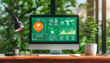 Wall Mural - Sustainability Analytics Concept with Data Charts, Eco-Friendly Symbols, and Digital Interfaces Showcasing Green Technology and Environmental Data Analysis