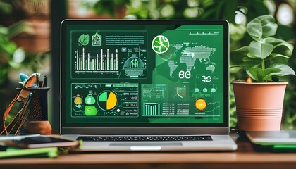 Wall Mural - Sustainability Analytics Concept with Data Charts, Eco-Friendly Symbols, and Digital Interfaces Showcasing Green Technology and Environmental Data Analysis