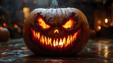 Menacing Carved Pumpkin Flickering with Candle Light for Halloween