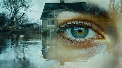 Double exposure, close-up of two eyes with a flooded home in the background, water damage visible, capturing the urgency of an insurance claim