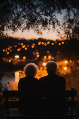 Poster - A couple is sitting on a bench at sunset, looking at the city lights in the distance. Scene is peaceful and romantic, as the couple enjoys each other's company in a quiet and serene setting