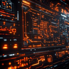 Wall Mural - Futuristic digital interface with glowing orange lines on dark background.