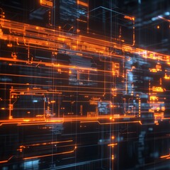 Wall Mural - Futuristic digital interface with orange glowing lines and code on dark background.