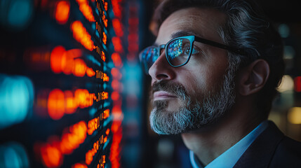 Poster - A man with glasses is looking at a screen with a lot of numbers on it. He is focused and attentive