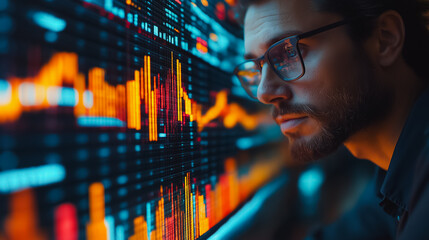 Poster - A man is looking at a computer screen with a lot of numbers and graphs. He is wearing glasses and he is focused on the screen. Concept of concentration and analytical thinking