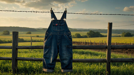 Wall Mural - Overalls hanging on a fence with a farm field in the background