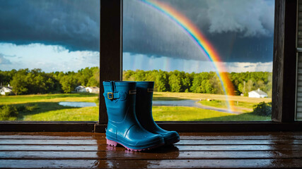 Wall Mural - Rain boots placed on a porch with a rainbow in the sky