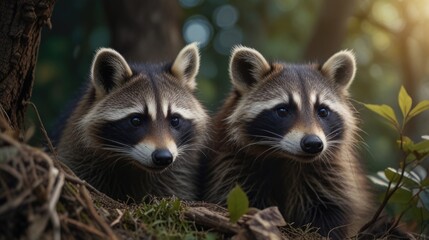 Raccoons over a nature background with a natural light