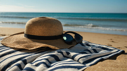 Wall Mural - Sun hat placed on a beach towel by the shore