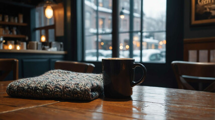 Wall Mural - Sweater folded on a table next to a cup of hot cocoa in a cozy café