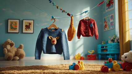 Sweater hanging on a hook in a sunny playroom with toys scattered around