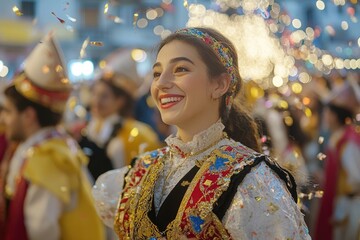 Joyful gathering: Celebration by happy people marking Greek Constitution Day, showcasing vibrant festivities, patriotic spirit as community comes together to honor significant national occasion.