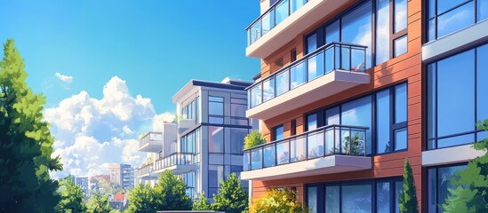 Modern apartment buildings featuring balconies and large windows showcasing a European style complex with outdoor amenities Mixed media presentation