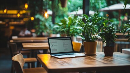 Fototapete - Open laptop on a wooden table in a cozy green workspace