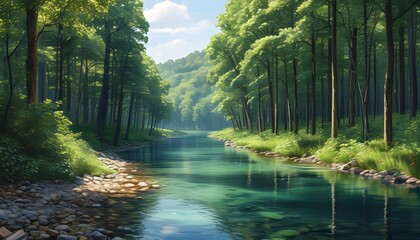 Lush forest and clear river embodying sustainability analytics and nature impact monitoring for eco-friendly practices and environmental supply chain control