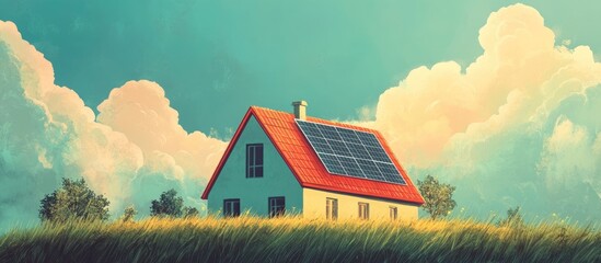 Renewable energy concept featuring solar panels on a home s roof showcasing photovoltaic technology Mixed media design with ample copy space