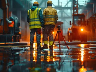 Two construction workers wearing safety gear at a worksite during a rainy evening, highlighting industrial labor and teamwork.