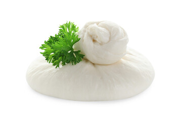 Fresh burrata cheese and coriander isolated on white