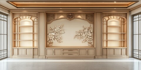 apricot and white modern wooden wall retail display shelf with drawer, wooden panels wall and traditional carving motif 