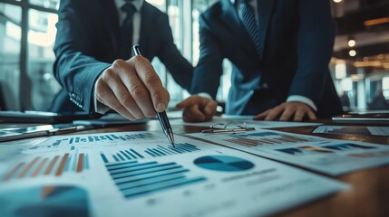 Two executives leaning over a table pointing at financial data during negotiation, business discussion, data-driven decision-making