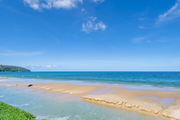 Wall Mural - Beautiful tropical beach summer seascape,Amazing sandy beach and sea in sunny day,Blue sky in good weather day, Beach sea space area nature background