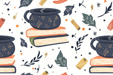 Seamless pattern with cauldrons and books.