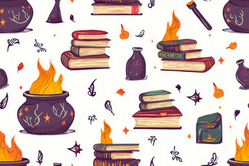 Seamless pattern with cauldrons and books.