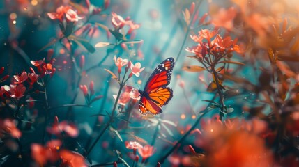 Wall Mural - Vibrant Monarch butterfly on blooming flowers with bokeh lights