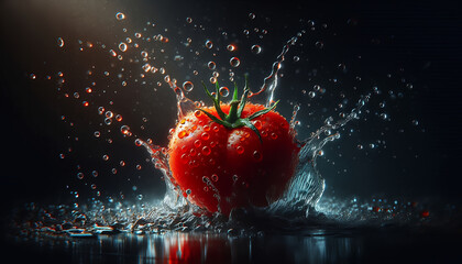 A fresh, juicy tomato suspended in a dynamic water spray, illuminated against a dark background.
