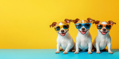 Three playful dogs wearing colorful sunglasses pose happily against bright yellow background