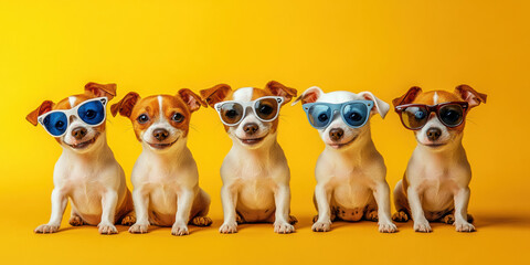 Five playful dogs wearing sunglasses pose together against bright yellow background