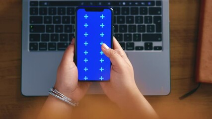 Poster - Tracking markers, green screen and phone with hands of woman for website, search and digital app. Connection, browsing and social media with girl scrolling online for display, network and technology