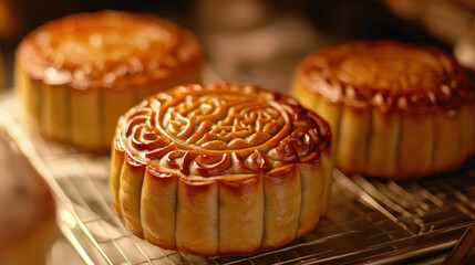 Mooncakes are traditional pastries with intricate designs, often enjoyed during festivals